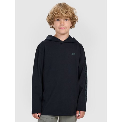 Chłopięcy longsleeve z kapturem 4F 4FJRAW25TLONM610 - czarny ze sklepu Sportstylestory.com w kategorii Bluzy chłopięce - zdjęcie 187376227