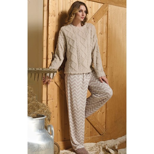 Ciepła piżama damska z pluszową bluzą beżowa SOFIE, Kolor beżowy-wzór, Rozmiar L, Sorbetto ze sklepu Primodo w kategorii Piżamy damskie - zdjęcie 187376875