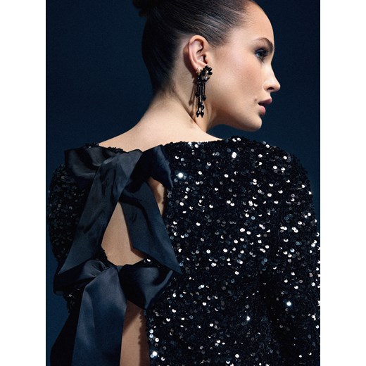 Mohito - Cekinowa czarna bluzka z kokardkami - czarny ze sklepu Mohito w kategorii Bluzki damskie - zdjęcie 187380487