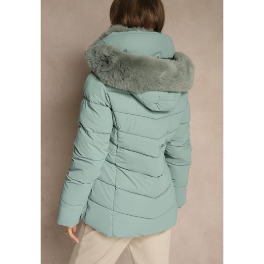 Jasnozielona Pikowana Kurtka o Taliowanym Kroju z Kapturem z Futerkiem Olidessa Renee S renee.pl