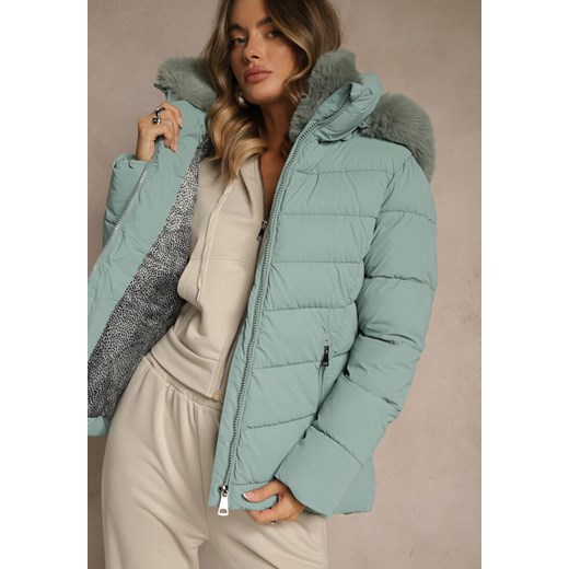 Jasnozielona Pikowana Kurtka o Taliowanym Kroju z Kapturem z Futerkiem Olidessa Renee M renee.pl