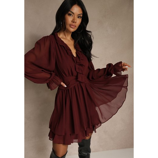 Bordowa Siateczkowa Sukienka o Rozkloszowanym Fasonie z Falbankami Zenniria Renee S renee.pl