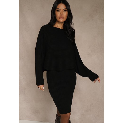 Czarny Prążkowany Komplet z Dzianiny Sukienka Bodycon i Sweter Nietoperz Wediana ze sklepu renee.pl w kategorii Komplety i garnitury damskie - zdjęcie 187381586