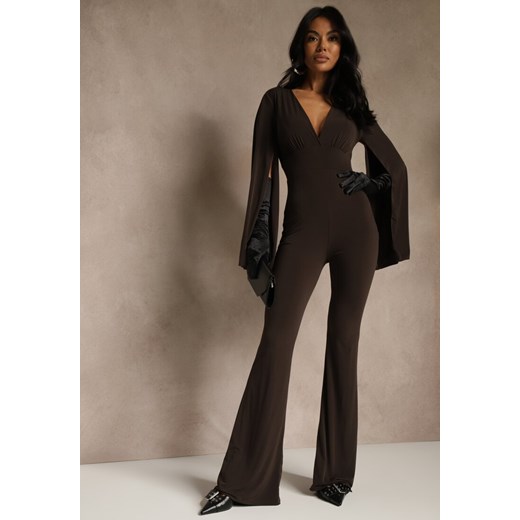 Brązowy Dopasowany Kombinezon z Rozkloszowanymi Rękawami i Głębokim Dekoltem Renee S renee.pl
