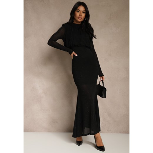 Czarna Cyrkoniowa Sukienka Longsleeve o Taliowanym Kroju z Bufiastą Górą Iwedesa Renee L renee.pl