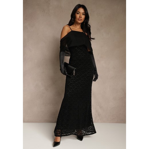 Czarna Sukienka o Asymetrycznym Kroju Ozdobiona Falbaną Owedia ze sklepu renee.pl w kategorii Sukienki - zdjęcie 187381636