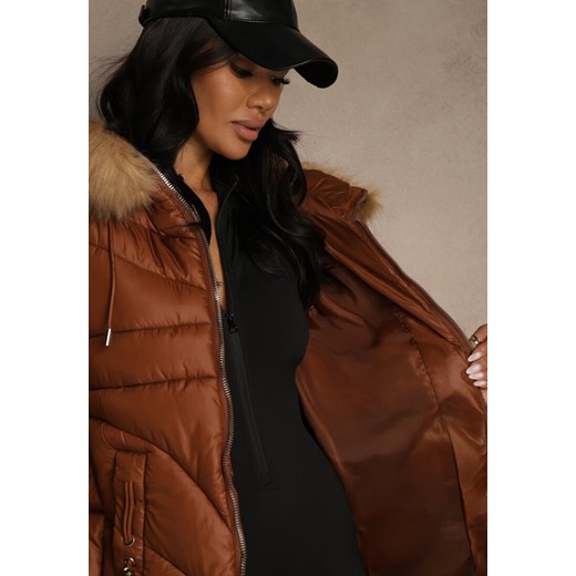 Brązowa Trapezowa Kurtka z Pikowanymi Przeszyciami i Kapturem z Odpinanym Futrem Renee XL renee.pl
