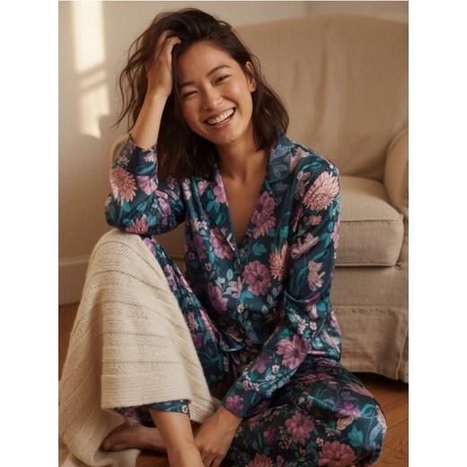 Sinsay - Satynowa piżama we wzór kwiatowy - ciemny turkus ze sklepu Sinsay w kategorii Piżamy damskie - zdjęcie 187382186