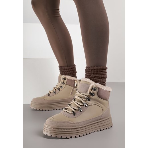 Ciemnobeżowe Sneakersy na Grubej Podeszwie z Futerkiem Alweda ze sklepu born2be.pl w kategorii Buty sportowe damskie - zdjęcie 187382476