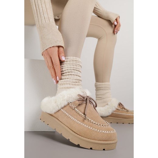 Ciemnobeżowe Niskie Śniegowce z Ozdobnymi Przeszyciami i Futerkiem Ilwedela ze sklepu born2be.pl w kategorii Śniegowce damskie - zdjęcie 187382497