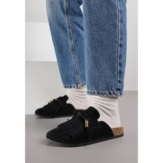 Czarne Boho Klapki Mule z Imitacji Zamszu z Frędzlami i Koralikami Elwedila ze sklepu renee.pl w kategorii Klapki damskie - zdjęcie 187382865