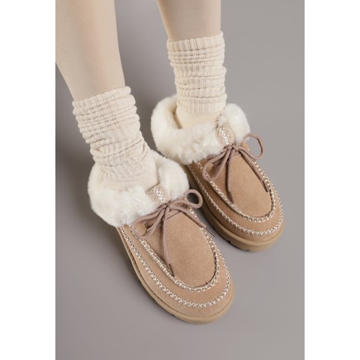 Ciemnobeżowe Śniegowce z Niską Cholewką Futerkiem i Ozdobnymi Przeszyciami Renee 40 renee.pl