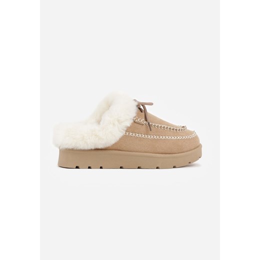 Ciemnobeżowe Śniegowce z Niską Cholewką Futerkiem i Ozdobnymi Przeszyciami Renee 41 renee.pl