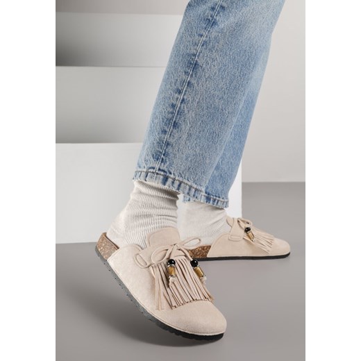 Beżowe Boho Klapki Mule z Imitacji Zamszu z Frędzlami i Koralikami Elwedila ze sklepu renee.pl w kategorii Klapki damskie - zdjęcie 187384607