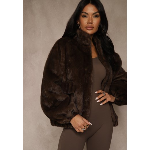 Brązowa Futrzana Kurtka Bomberka z Kieszeniami Tiwedela Renee M renee.pl