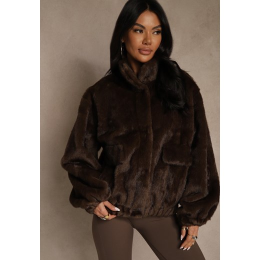 Brązowa Futrzana Kurtka Bomberka z Kieszeniami Tiwedela Renee L renee.pl