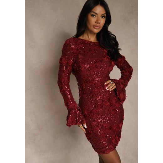 Bordowa Dopasowana Sukienka Ozdobiona Cekinami i Kwiatami 3D Raweda ze sklepu renee.pl w kategorii Sukienki - zdjęcie 187385867