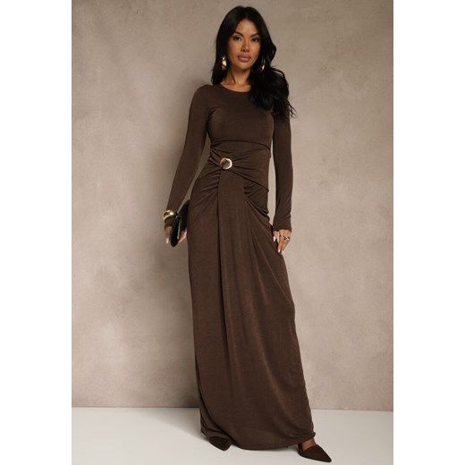 Brązowa Marszczona Sukienka Longsleeve Zdobiona Aplikacją w Talii Siweda ze sklepu renee.pl w kategorii Sukienki - zdjęcie 187385897