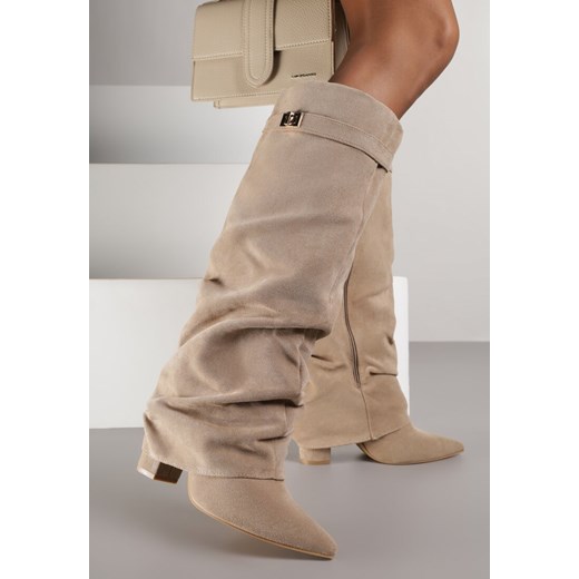 Ciemnobeżowe Marszczone Kozaki na Słupkowym Obcasie z Wywiniętą Cholewką Runella ze sklepu renee.pl w kategorii Kozaki damskie - zdjęcie 187385927