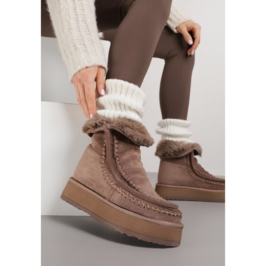 Ciemnobeżowe Śniegowce z Przeszyciami Oliwedea ze sklepu born2be.pl w kategorii Śniegowce damskie - zdjęcie 187386459