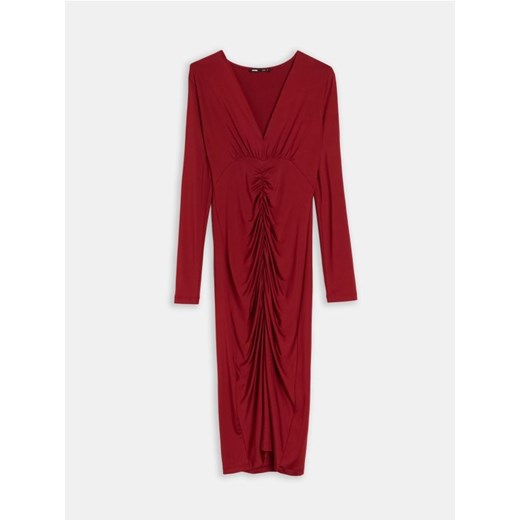 Sinsay - Sukienka midi z ozdobnym drapowaniem z przodu - czerwony Sinsay M Sinsay