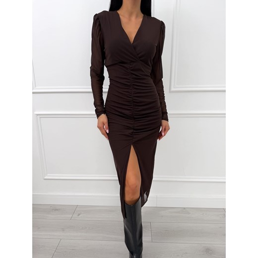 Czekoladowa Sukienka z Marszczeniem ze sklepu ModnaKiecka.pl w kategorii Sukienki - zdjęcie 187387649