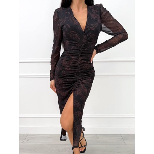 Czekoladowa Siateczkowa Sukienka z Marszczeniem ze sklepu ModnaKiecka.pl w kategorii Sukienki - zdjęcie 187387657