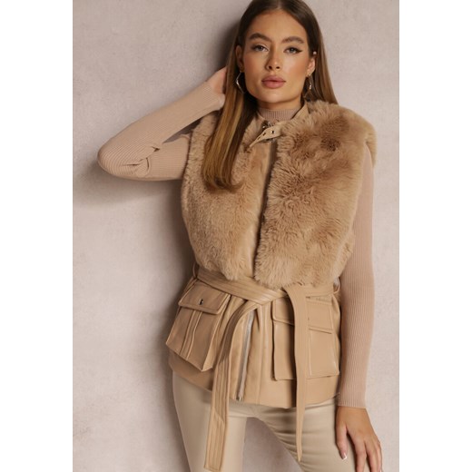 Beżowa Kamizelka  z Futerka i Ekoskóry Wiązana w Pasie Ondoli ze sklepu renee.pl w kategorii Kamizelki damskie - zdjęcie 187387989