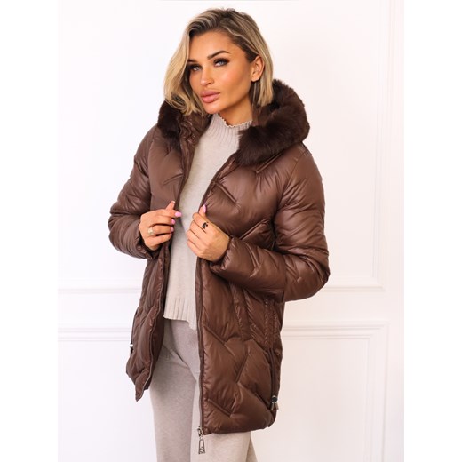 KURTKA ASYMETRYCZNA PIKOWANA Z FUTERKIEM- BRĄZOWA ze sklepu olika.com.pl w kategorii Kurtki damskie - zdjęcie 187389645