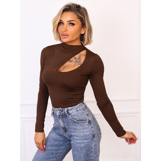 BODY Z WYCIĘCIEM I DŁUGIM RĘKAWEM- CZEKOLADOWE ze sklepu olika.com.pl w kategorii Body damskie - zdjęcie 187389658