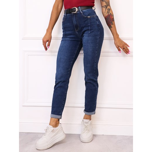 SPODNIE JEANSOWE MOM FIT Z PRZESZYCIAMI NA KIESZENI I KOKARDKĄ+ PASEK ze sklepu olika.com.pl w kategorii Jeansy damskie - zdjęcie 187389669