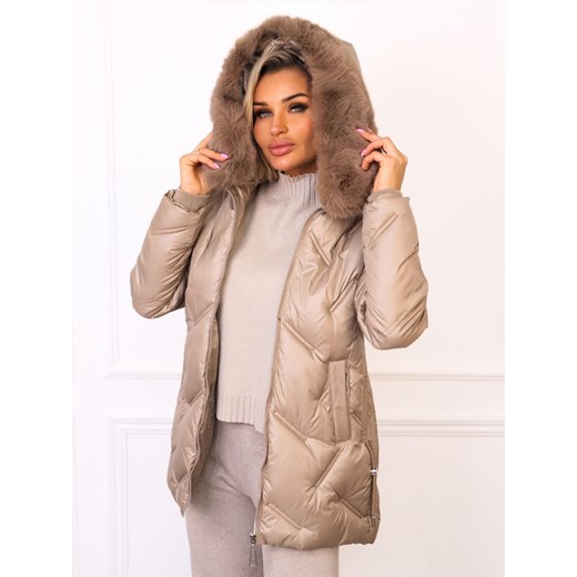 KURTKA ASYMETRYCZNA PIKOWANA Z FUTERKIEM- BEŻOWA ze sklepu olika.com.pl w kategorii Kurtki damskie - zdjęcie 187389718