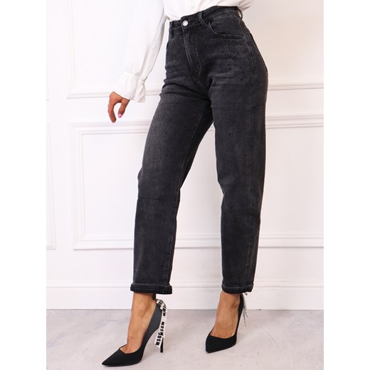 SPODNIE JEANSOWE MOM FIT ZDOBIONE CYRKONIAMI- CZARNE ze sklepu olika.com.pl w kategorii Jeansy damskie - zdjęcie 187389719
