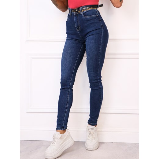 SPODNIE JEANSOWE SKINNY Z WYSOKIM STANEM PUSH UP + PASEK- GRANATOWE ze sklepu olika.com.pl w kategorii Jeansy damskie - zdjęcie 187389737