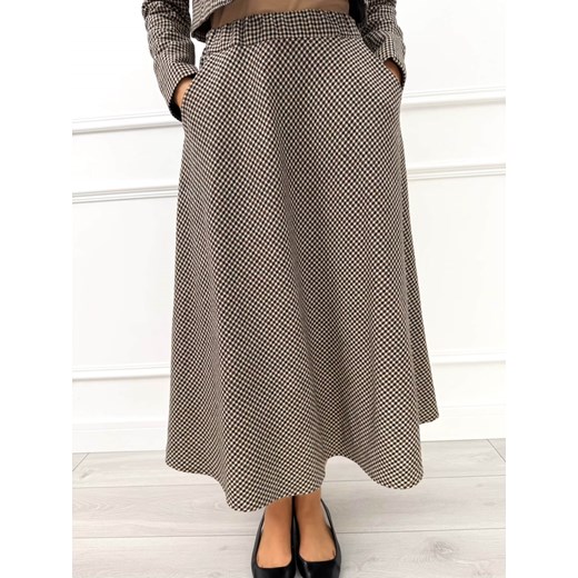 Czekoladowa Rozkloszowana Spódnica Midi w Pepitkę ze sklepu ModnaKiecka.pl w kategorii Spódnice - zdjęcie 187389789