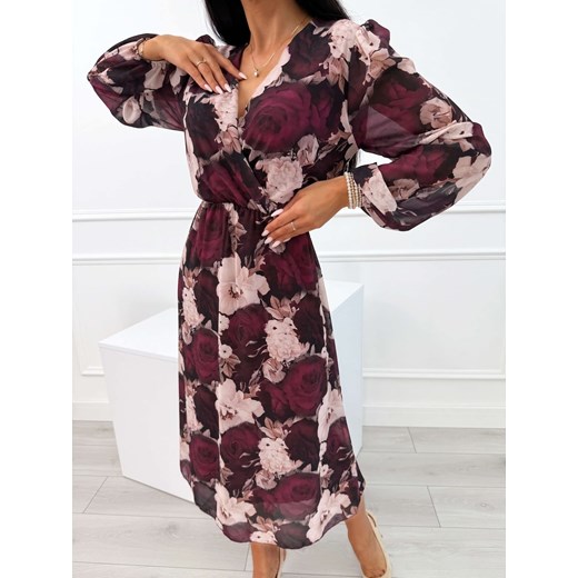 Bordowa Sukienka Midi w Kwiaty ze sklepu ModnaKiecka.pl w kategorii Sukienki - zdjęcie 187389825