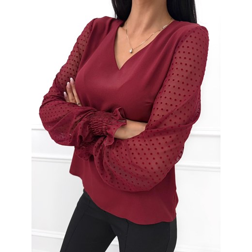 Bordowa Elegancka Bluzka z Siateczkowym Rękawem ze sklepu ModnaKiecka.pl w kategorii Bluzki damskie - zdjęcie 187389845