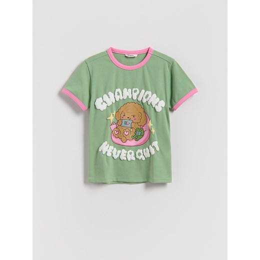 Reserved - Bawełniany t-shirt z nadrukiem - oliwkowy ze sklepu Reserved w kategorii Bluzki dziewczęce - zdjęcie 187390455