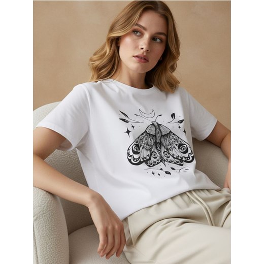 Sinsay - Bawełniana koszulka z nadrukiem - biały ze sklepu Sinsay w kategorii Bluzki damskie - zdjęcie 187390748