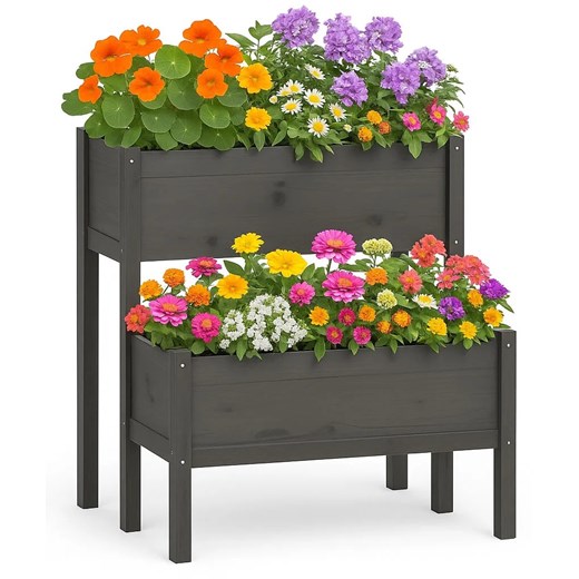 Szara podwójna donica ogrodowa E4-L98 ze sklepu Edinos.pl w kategorii Donice i kwietniki ogrodowe - zdjęcie 187390769