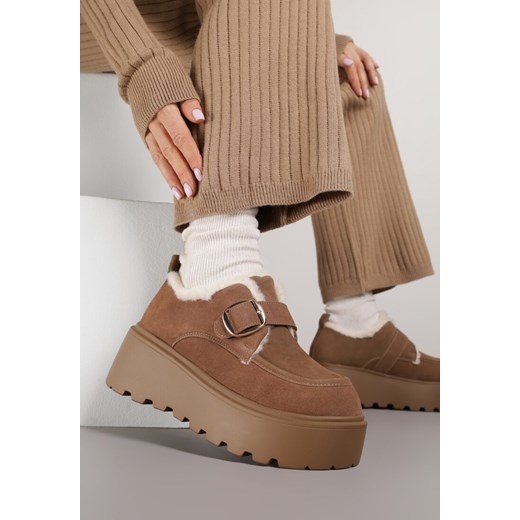 Brązowe Śniegowce na Grubej Podeszwie z Paskiem z Klamerką i Futerkiem Uwedina 36 born2be.pl