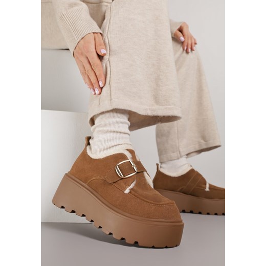 Jasnobrązowe Śniegowce na Platformie z Paskiem ze Sprzączką i Futrem Unweda ze sklepu renee.pl w kategorii Śniegowce damskie - zdjęcie 187396177