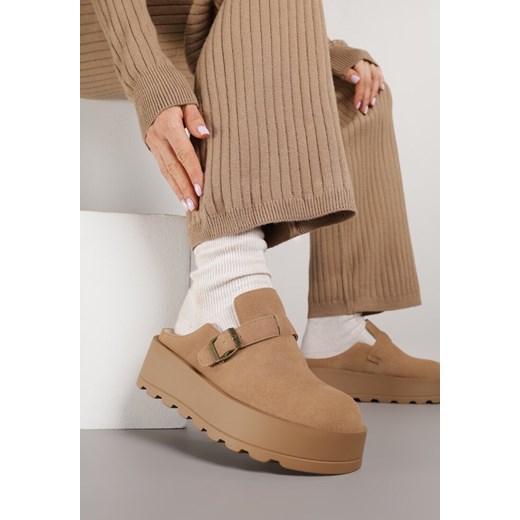 Beżowe Śniegowce na Grubej Podeszwie z Niską Cholewką i Ozdobną Klamerką Renee 36 renee.pl