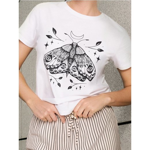 Sinsay - Bawełniana koszulka z nadrukiem - biały Sinsay S Sinsay