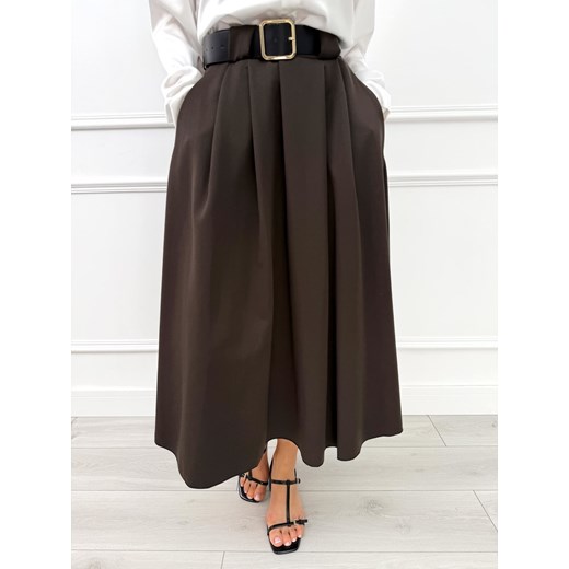 Czekoladowa Rozkloszowana Spódnica Midi z Paskiem Modnakiecka.pl 46 ModnaKiecka.pl