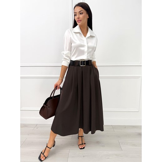 Czekoladowa Rozkloszowana Spódnica Midi z Paskiem Modnakiecka.pl 42 ModnaKiecka.pl