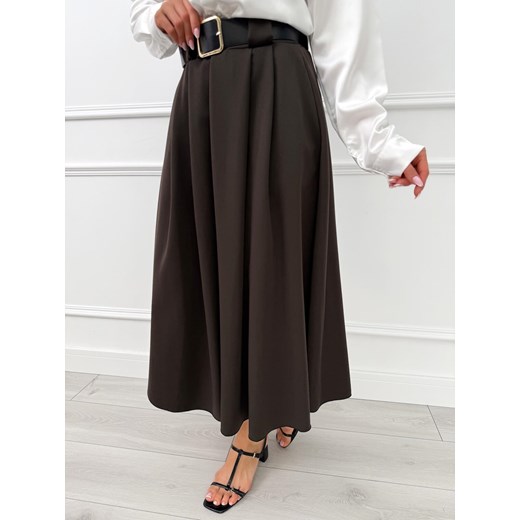 Czekoladowa Rozkloszowana Spódnica Midi z Paskiem Modnakiecka.pl 46 ModnaKiecka.pl