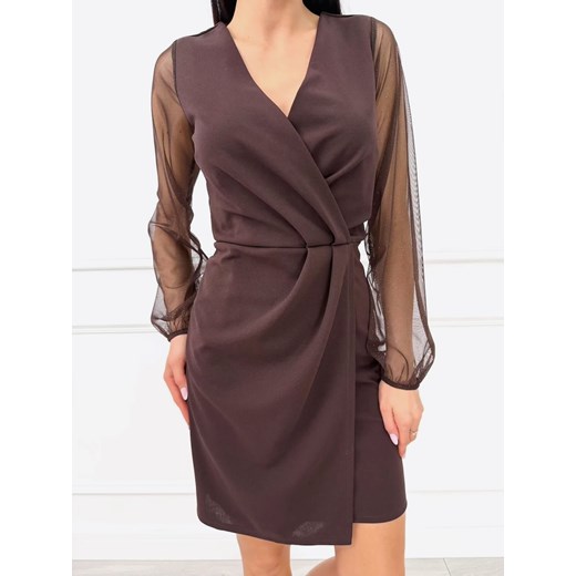 Czekoladowa Elegancka Sukienka z Połyskującymi Rękawami ze sklepu ModnaKiecka.pl w kategorii Sukienki - zdjęcie 187470186