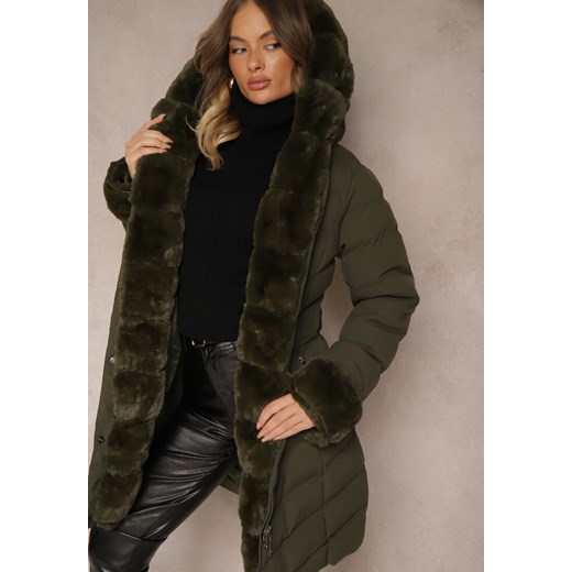 Ciemnozielona Kurtka z Pikowanymi Przeszyciami Mocno Ocieplana z Paskiem i Odpinanym Futerkiem Hedista ze sklepu renee.pl w kategorii Kurtki damskie - zdjęcie 187470905