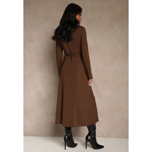 Brązowa Długa Sukienka Koszulowa z Wiązaniem w Talii Levae Renee L renee.pl